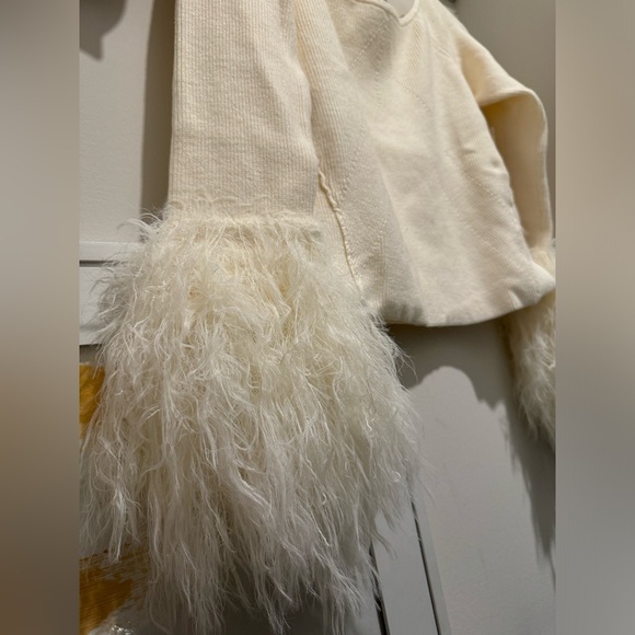 Free People Marilyn Faux Feather Trim Off the Shoulder Crop Sweater - Picture 8 of 10